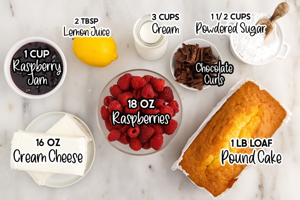 Ingredients needed to make Raspberry Trifle with text overlay.