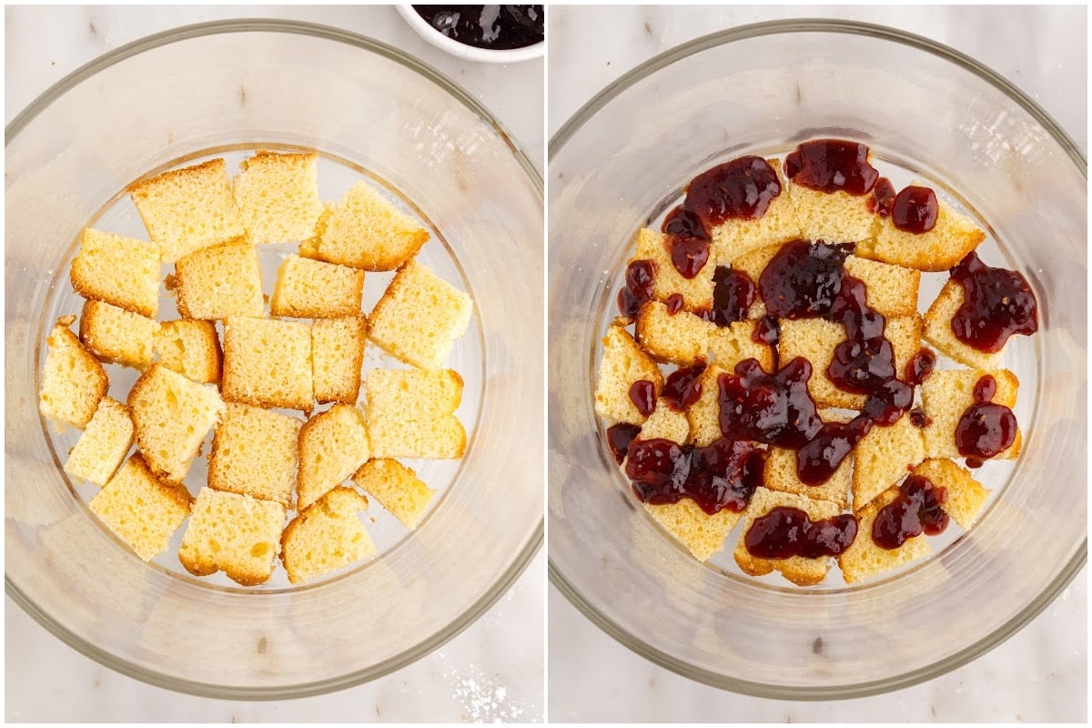 Side by side images of angel food cake in a trifle dish and raspberry jam on top of the cake.