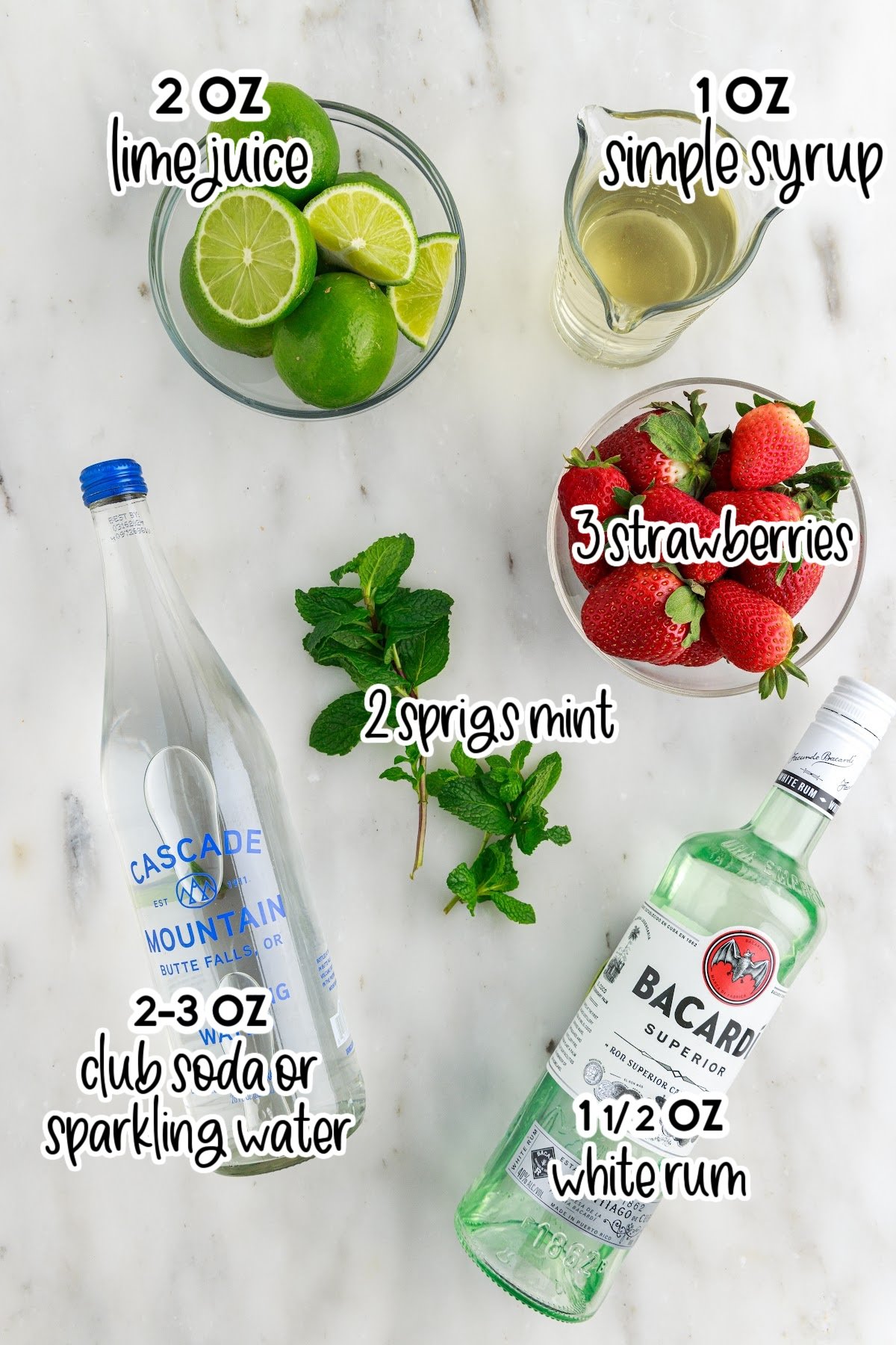 Ingredients needed to make Strawberry Mojitos with text overlay.