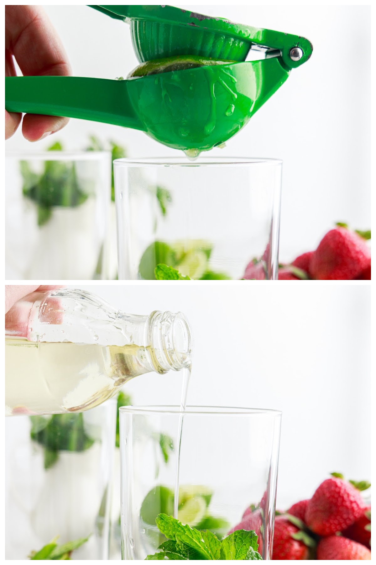 Two images of lime being squeezed into glass and simple syrup being added to glass.