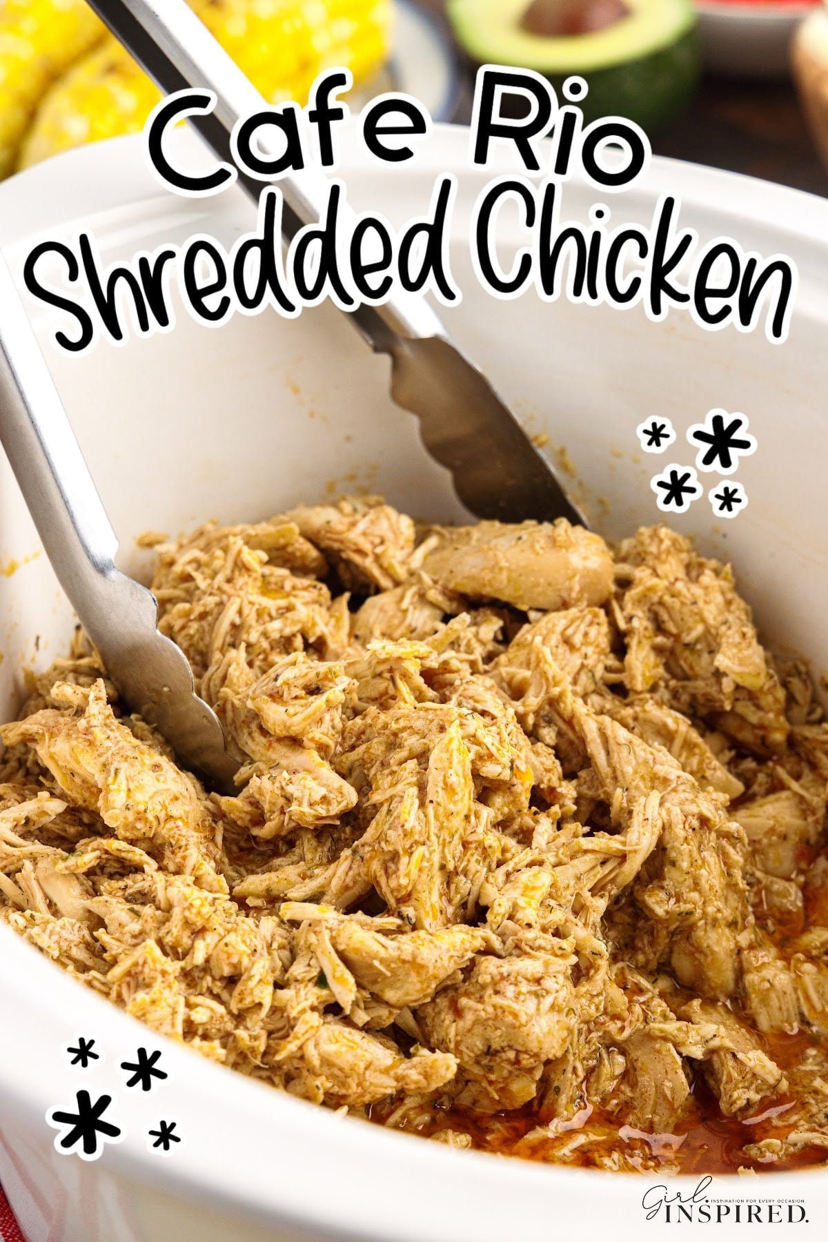 Shredded chicken in a crockpot with text overlay.