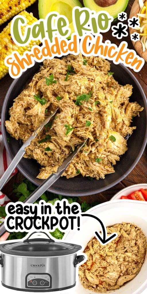Three images of shredded chicken in a bowl, a crockpot, and shredded chicken in a crockpot with text overlay.