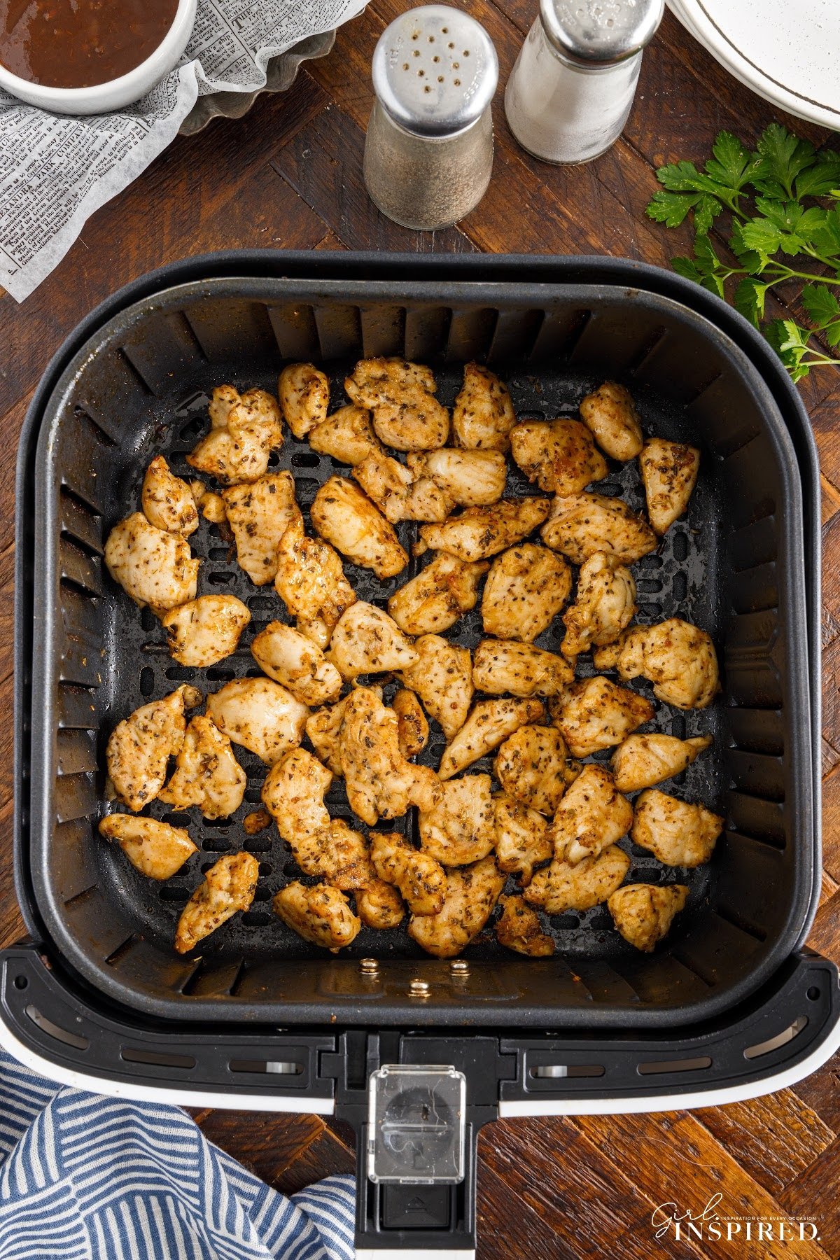 Air Fryer Chicken Bites in an air fryer.