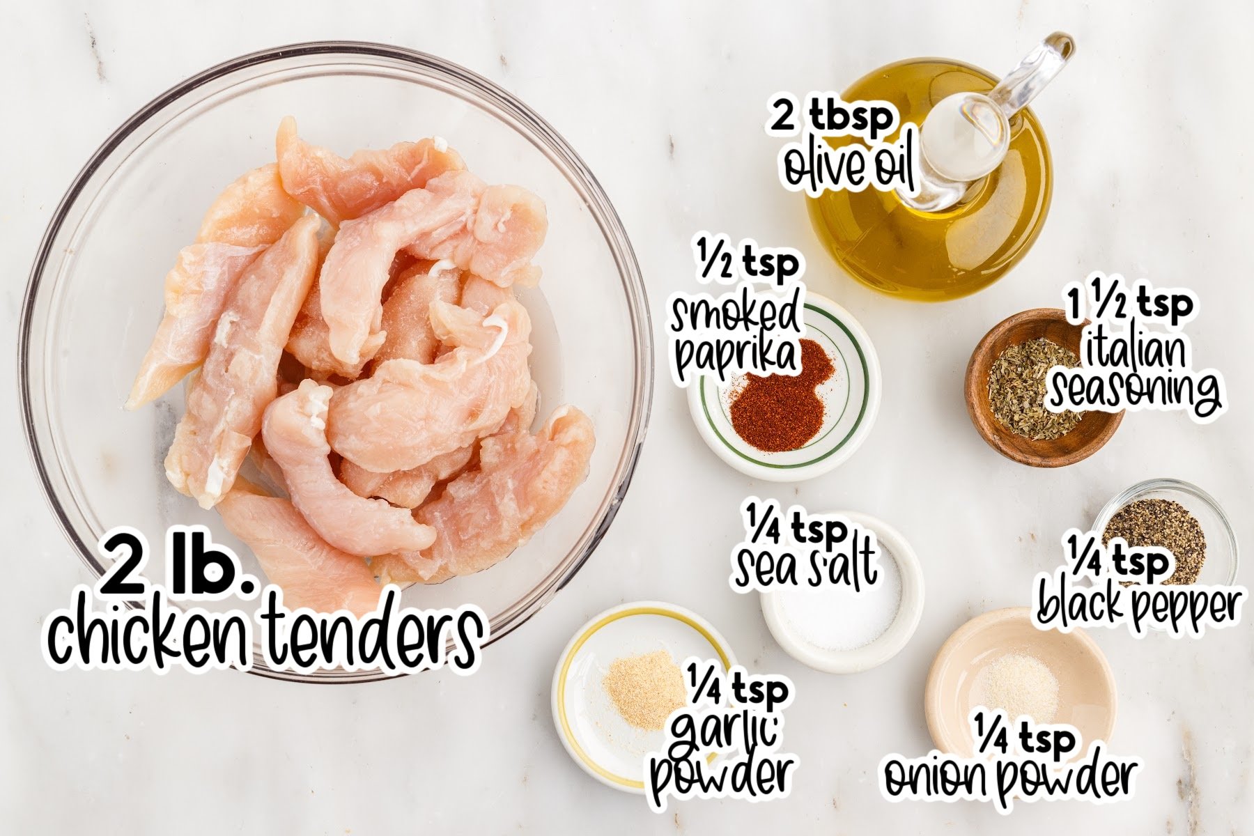 Ingredients needed to make Air Fryer Chicken Bites with text overlay.