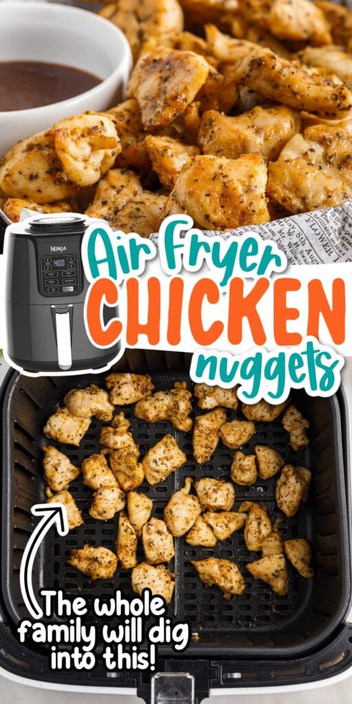 Two images of Air Fryer Chicken Bites in a basket and an air fryer basket with Air Fryer Chicken Bites in it with text overlay.