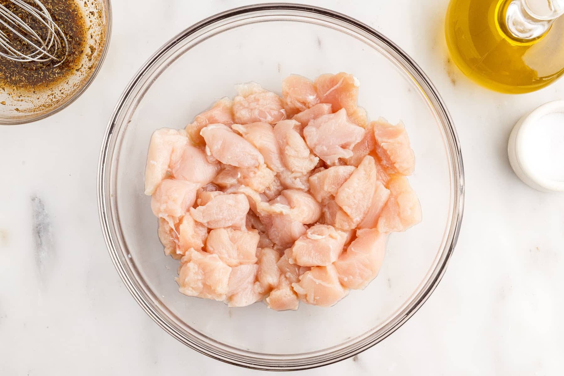 A mixing bowl of chicken pieces.