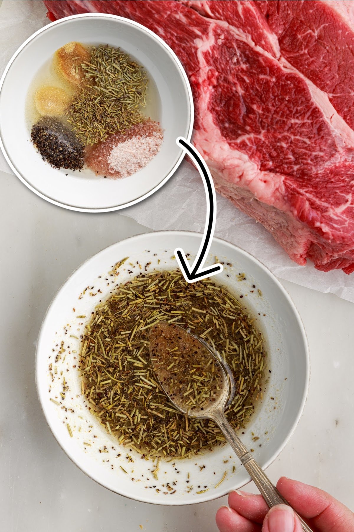 Seasonings for Air Fryer Roast Beef in a dish and seasonings mixed together.