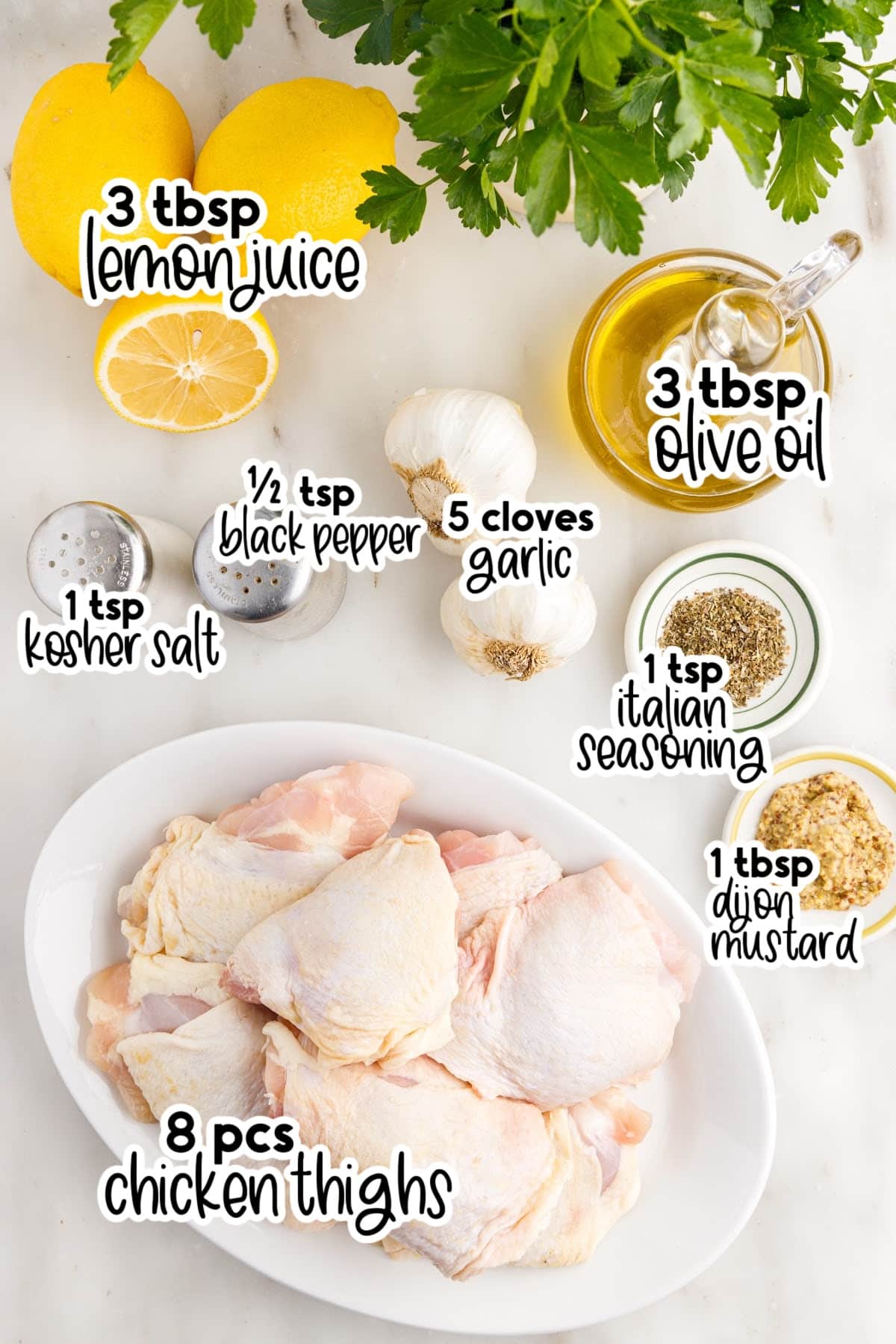 Ingredients needed to make Baked Chicken Thighs with text overlay.