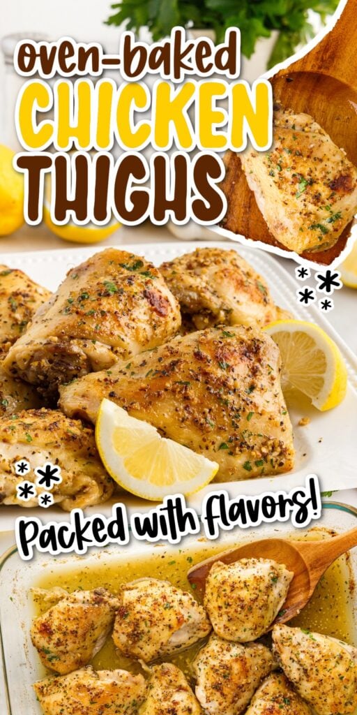 Two images of Baked Chicken Thighs on a platter and Baked Chicken Thighs scooped up with a wooden spoon with text overlay.