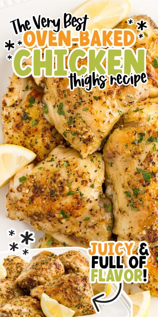 Baked Chicken Thighs on a plate with lemon slices with text overlay.
