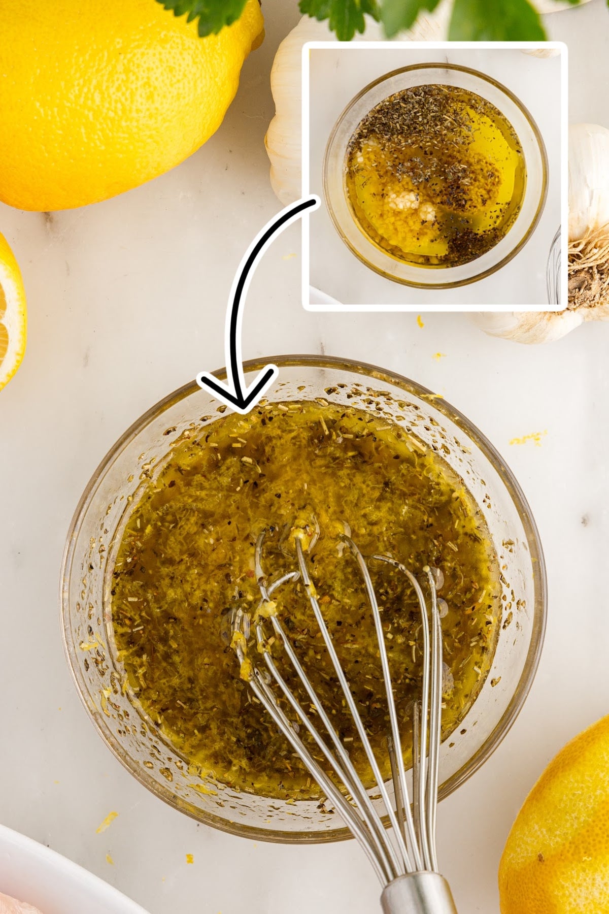 Two images of olive oil, Italian seasoning, salt, pepper, lemon juice, garlic, lemon zest, and Dijon mustard in a mixing bowl and marinade in a bowl with a whisk.