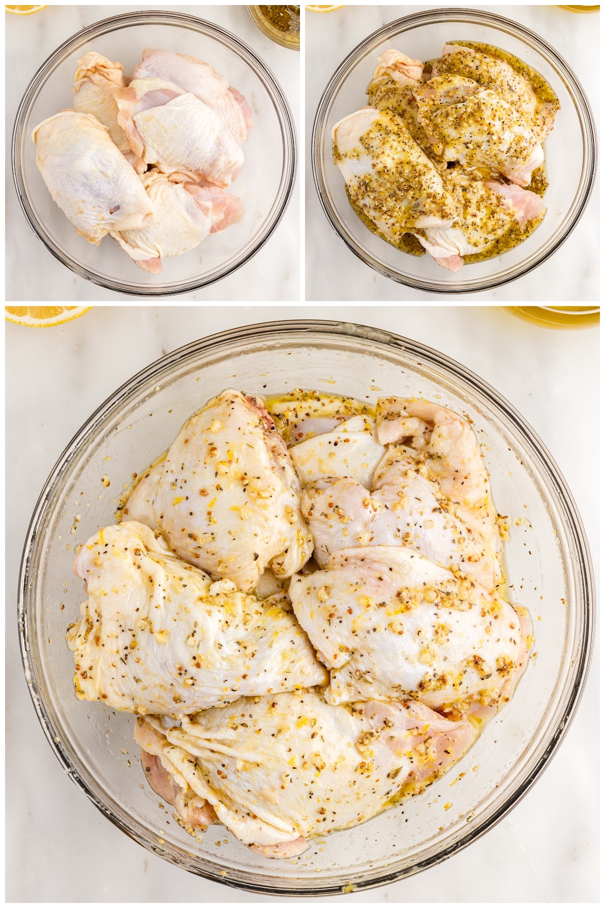 Three images of chicken thighs in a bowl, chicken thighs with marinade added to the top and chicken thighs coated in marinade.