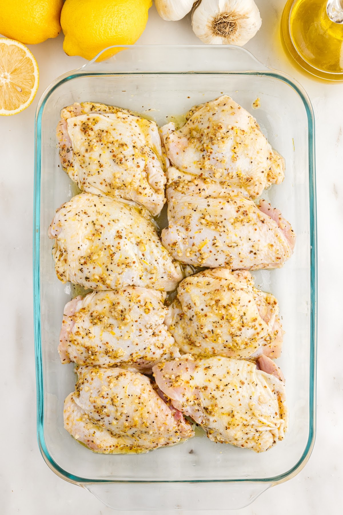 Baked Chicken Thighs in a 9x13 before baking.