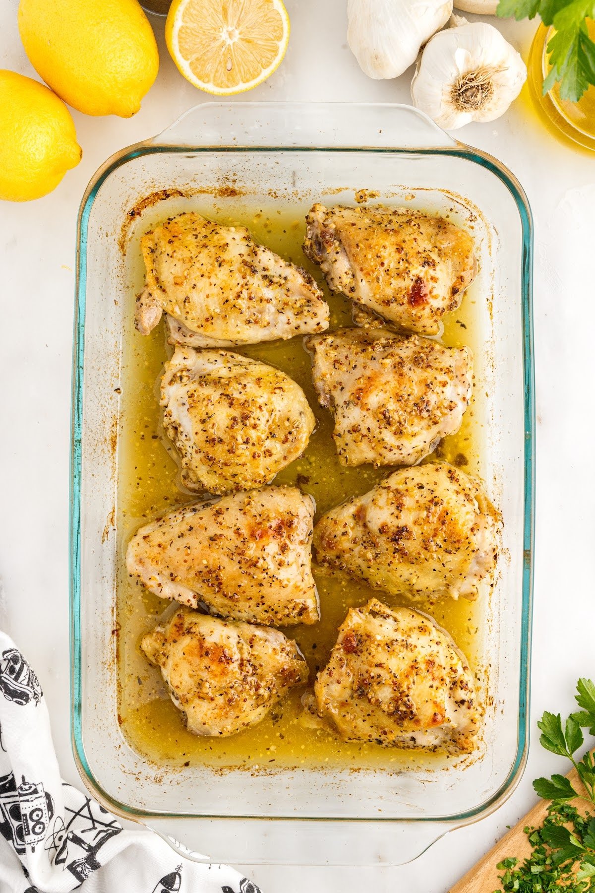 Overhead view of Baked Chicken Thighs after being baked in a 9x13.