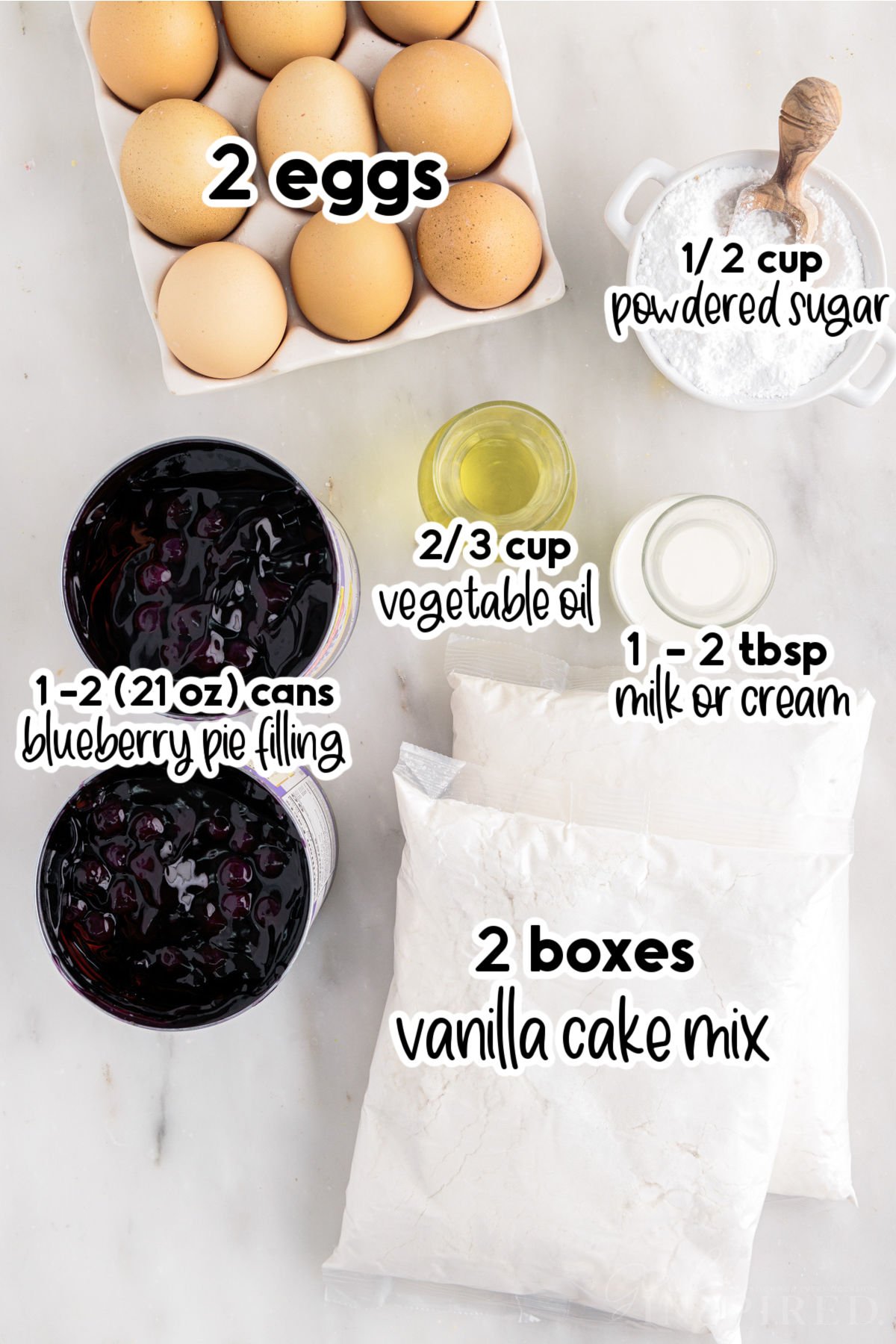 Individual ingredients for blueberry pie bars, with text and amount labels.