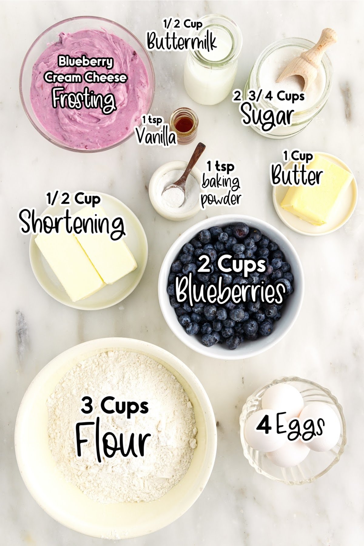 Ingredients needed to make Blueberry Pound Cake with text overlay.