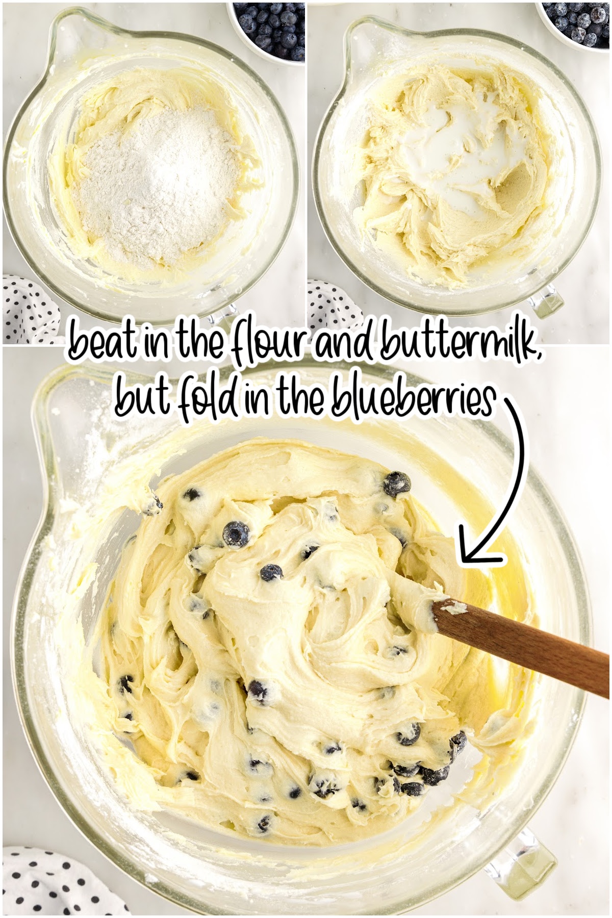 Three images of flour added to batter, buttermilk added to the mixture, and blueberries added to Blueberry Pound Cake batter with text overlay.