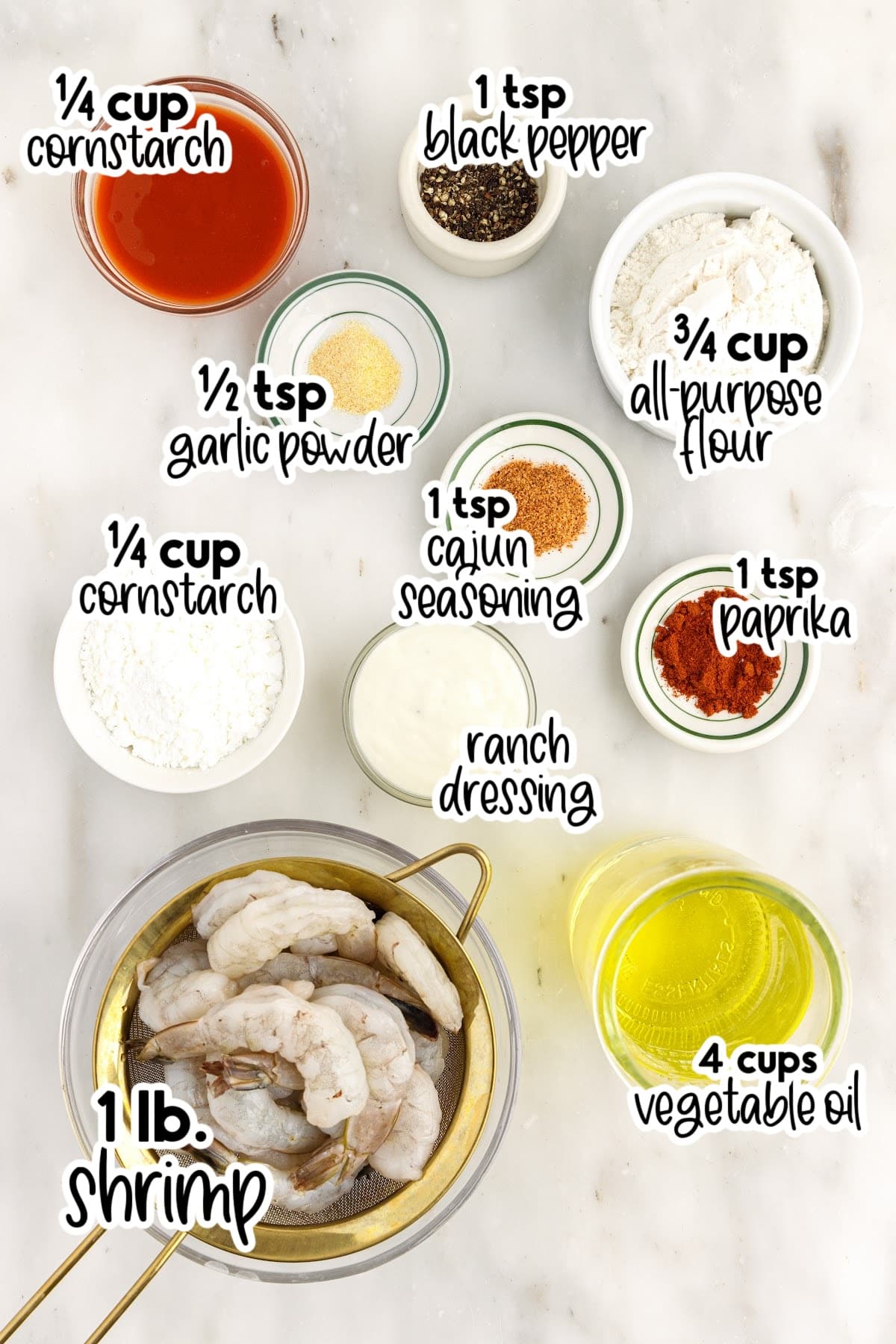 Ingredients needed to make Buffalo Shrimp with text overlay.