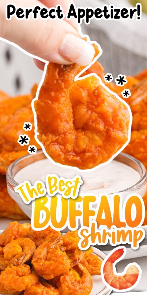 Two images of Buffalo Shrimp on a plate and one about to be dipped into sauce with text overlay.