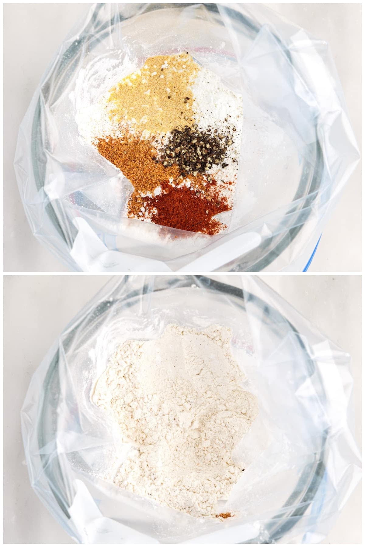 Two images of flour and seasonings and flour mixed with seasonings inside of a bag.