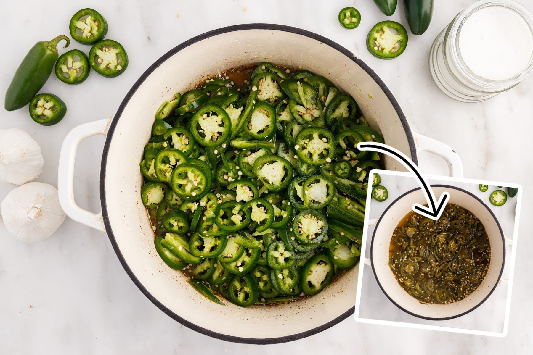 Candied Jalapeños placed into brine and an image of them after being cooked in the brine.