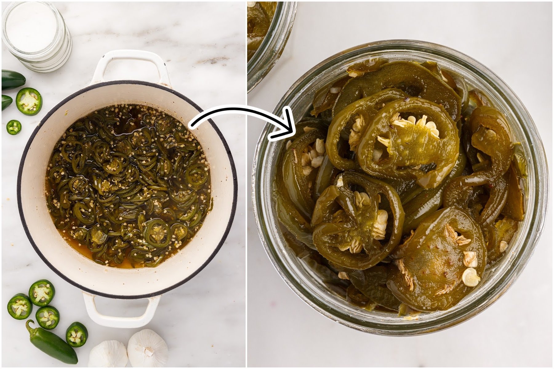 Side by side images of Candied Jalapeños in a dutch oven and Candied Jalapeños placed in a canning jar.