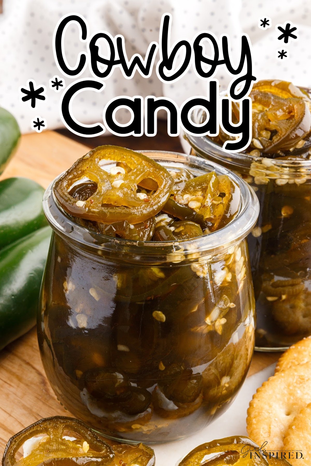 A jar of Candied Jalapeños with text overlay.