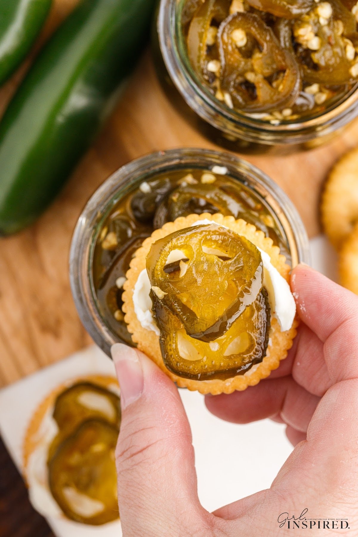 Candied Jalapeños on a cracker.