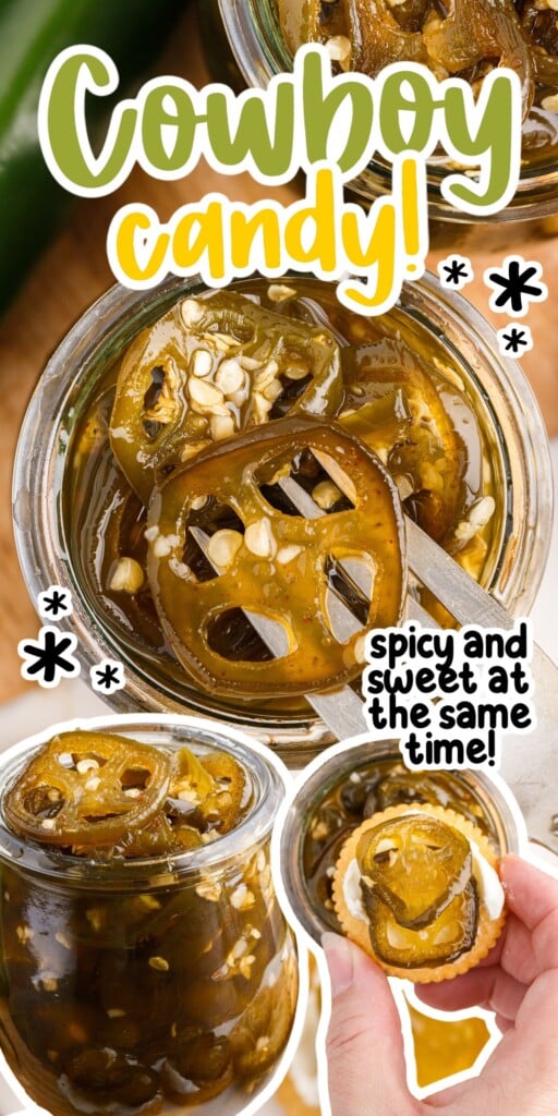 Candied Jalapeños in a jar, on a fork and on a cracker with text overlay.