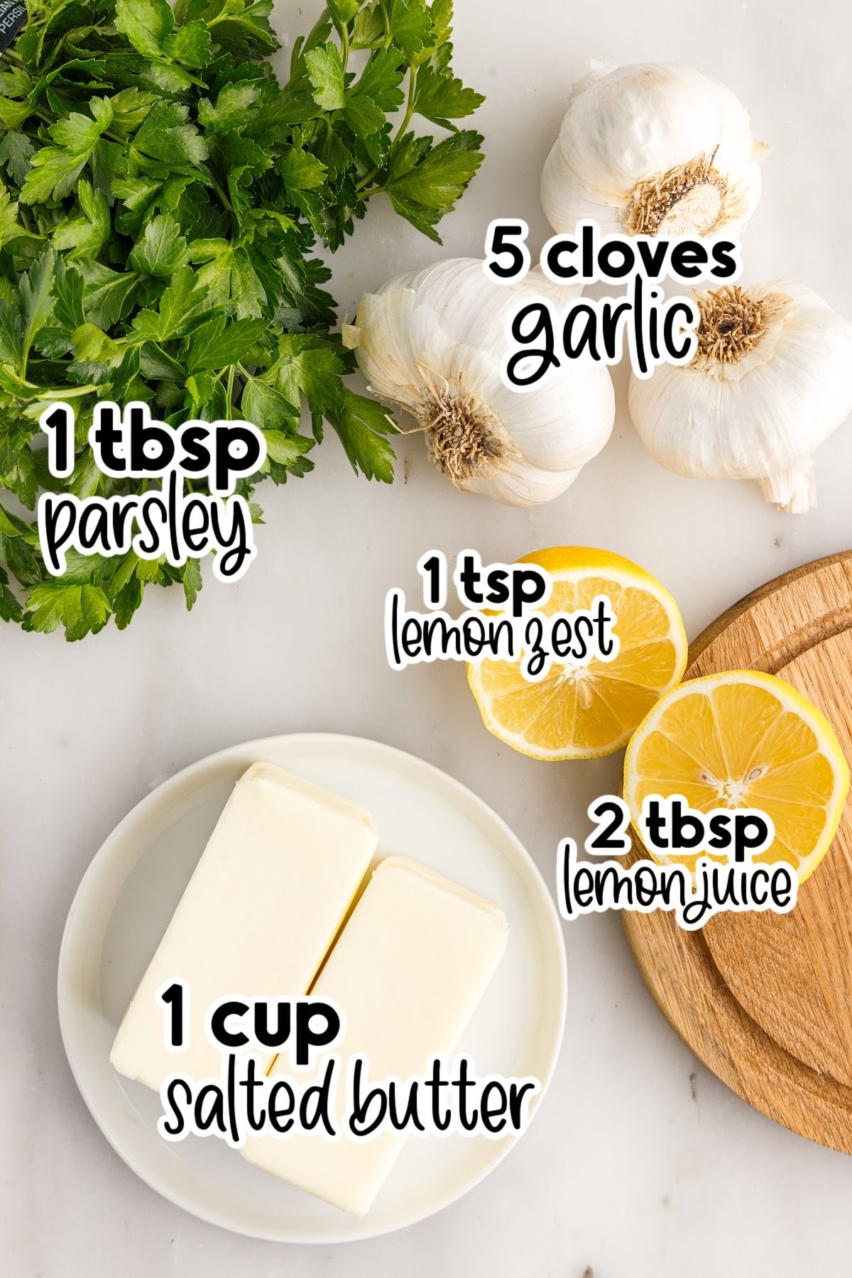 Ingredients needed to make Garlic Butter Sauce with text overlay.