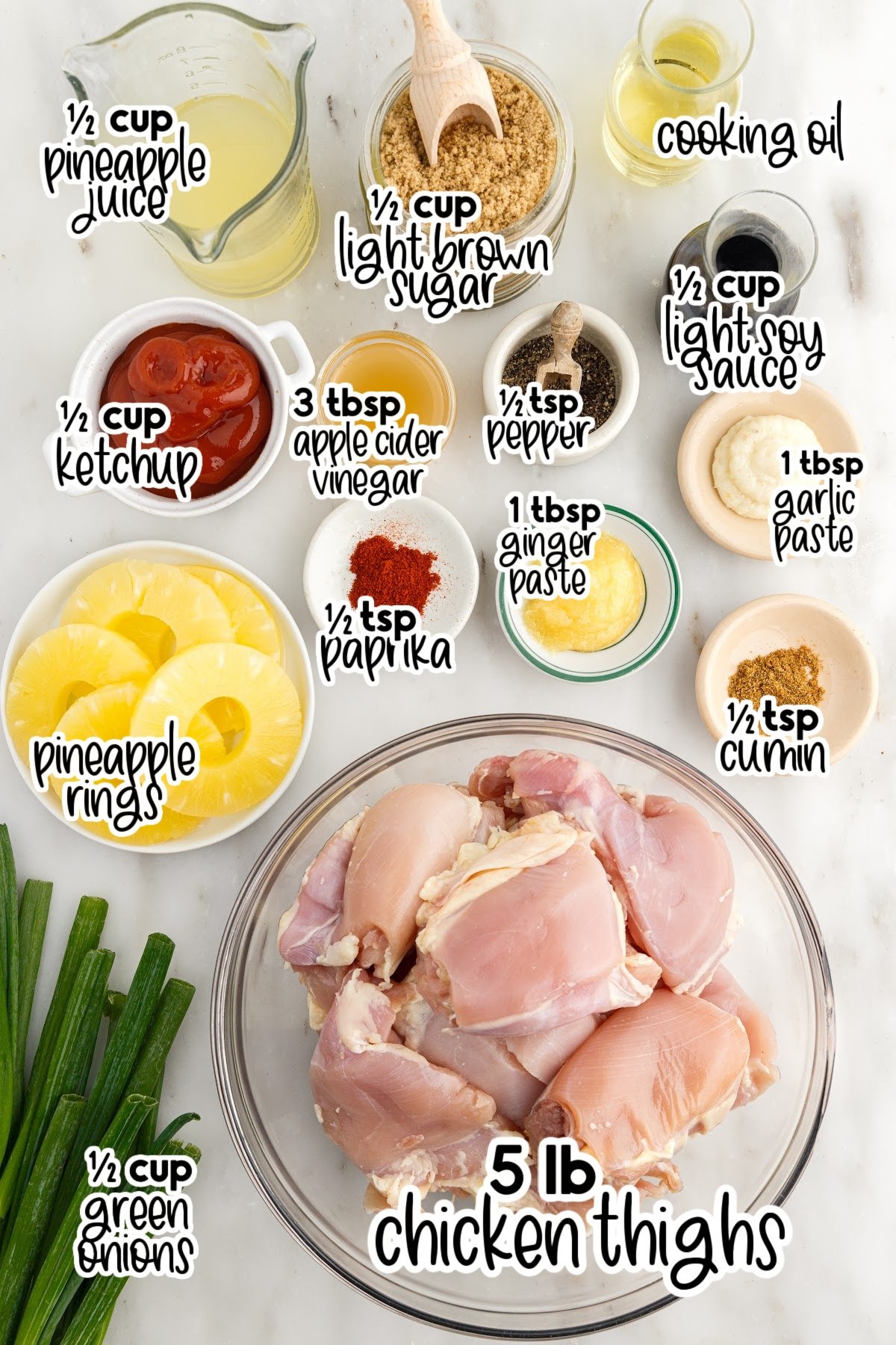 Ingredients needed to make Huli Huli Chicken with text overlay.