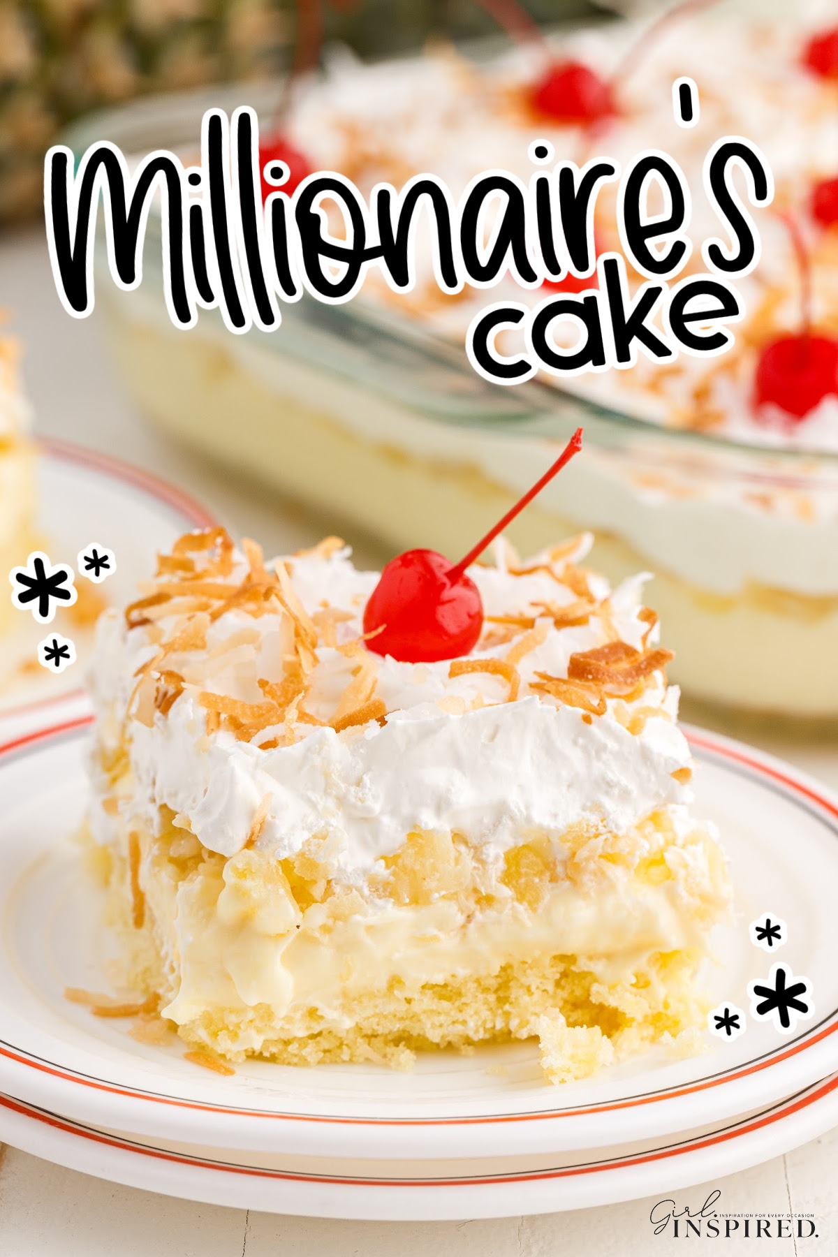 A slice of Millionaire’s Cake on a plate with text overlay.