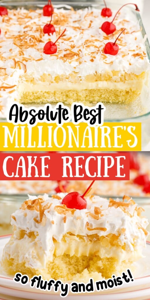 Two images of Millionaire’s Cake in a 9x13 and a slice on a plate with a bite taken from it with text overlay.