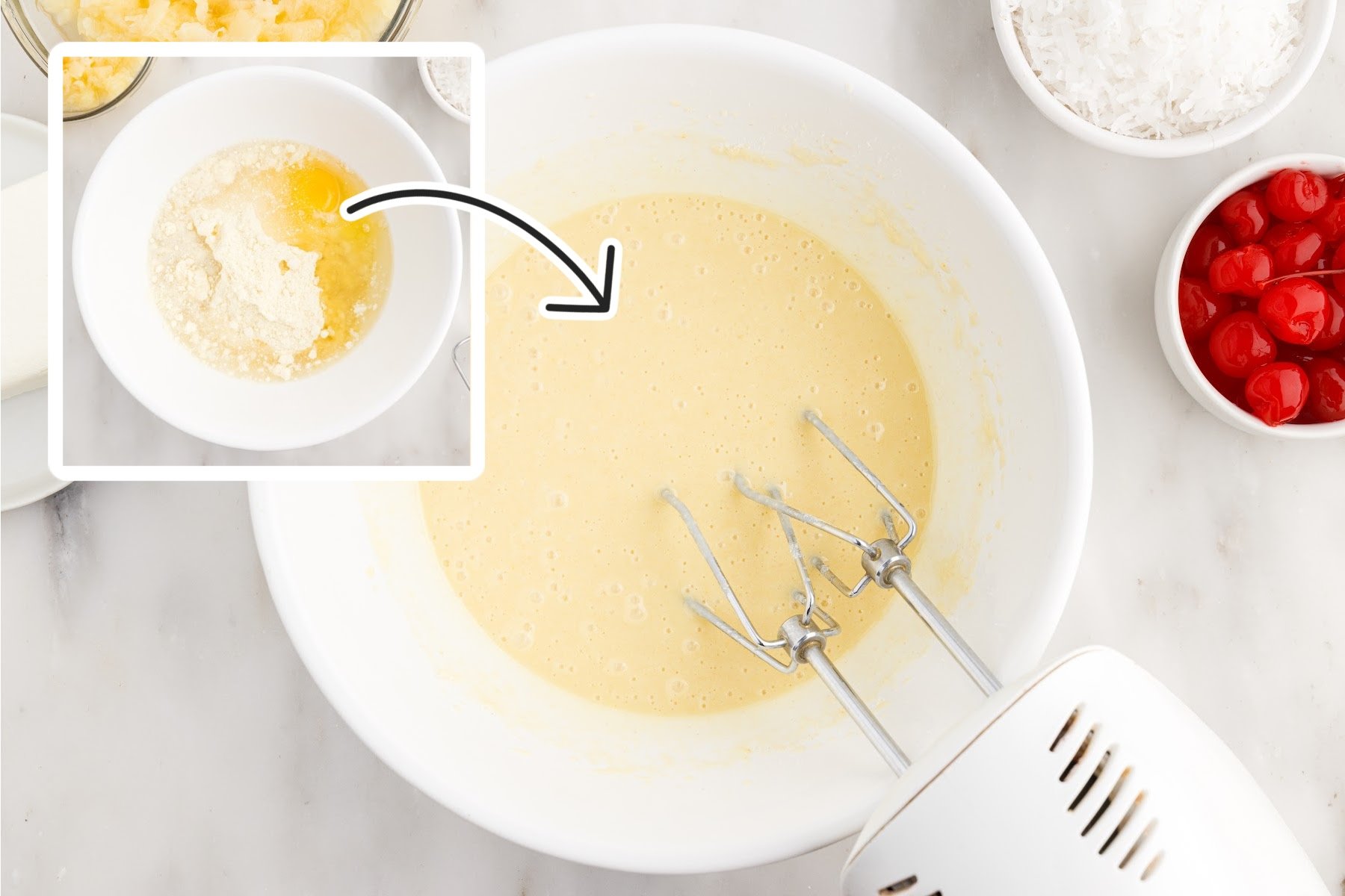 An image of cake mix oil and water in a bowl and an images of a bowl with ingredients mixed with a mixer.