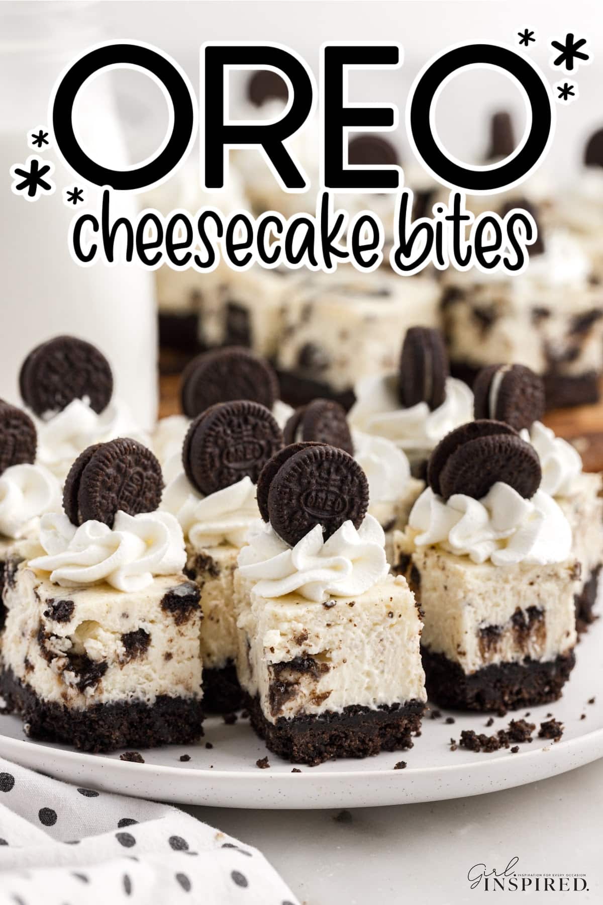 Oreo Cheesecake Bites on a round platter with text overlay.