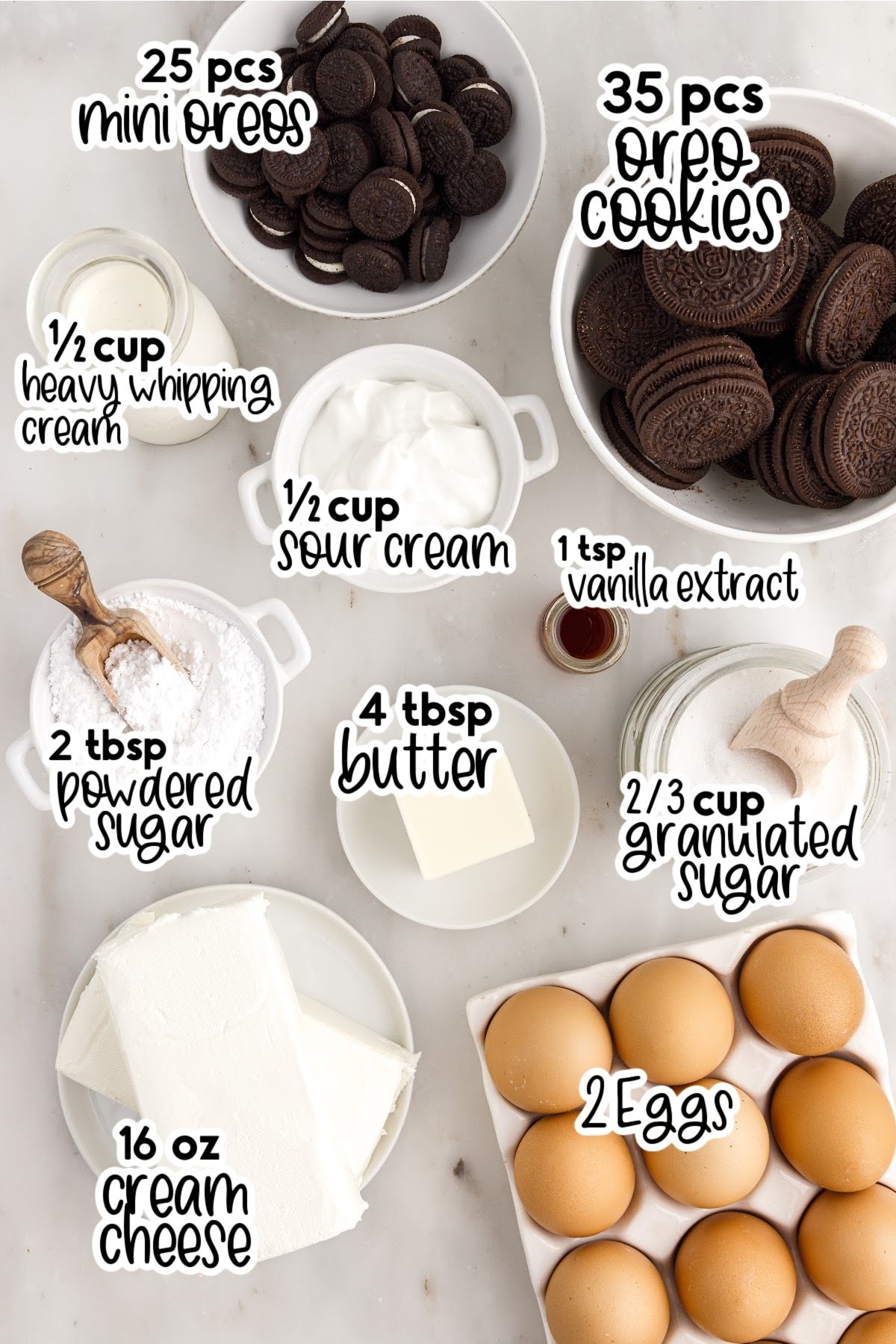 Ingredients needed to make Oreo Cheesecake Bites with text overlay.