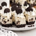 Front close up of Oreo Cheesecake Bites on a platter.