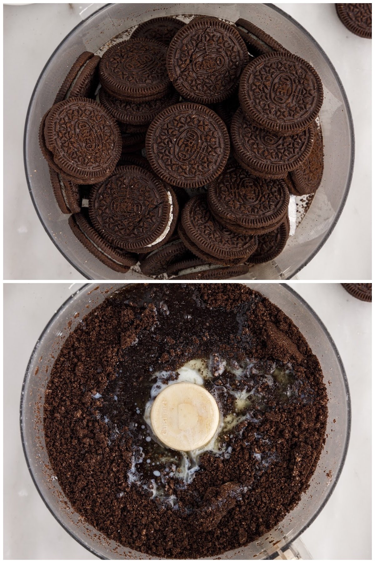 Two images of oreos in a food processor and oreos after being processed with butter added.