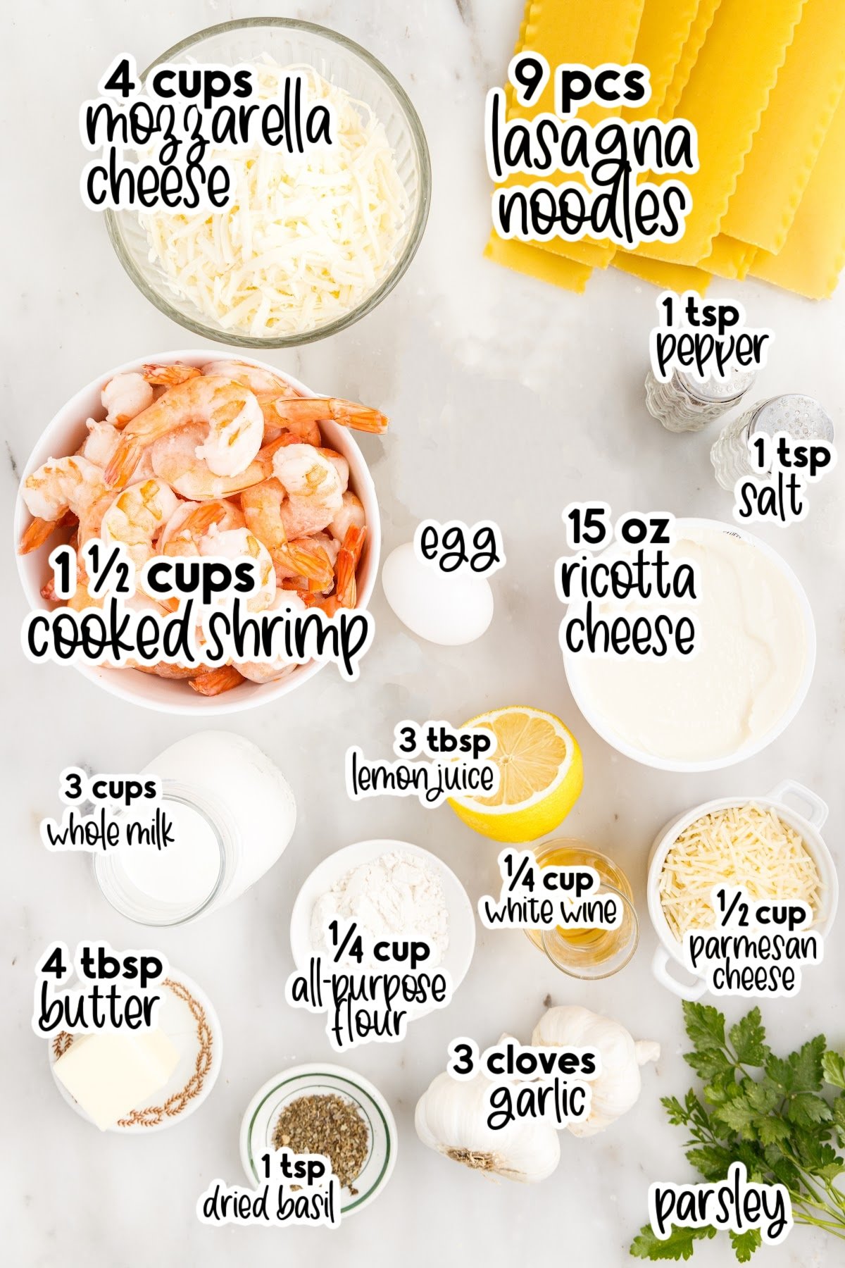 Ingredients needed to make Shrimp Lasagna with text overlay.