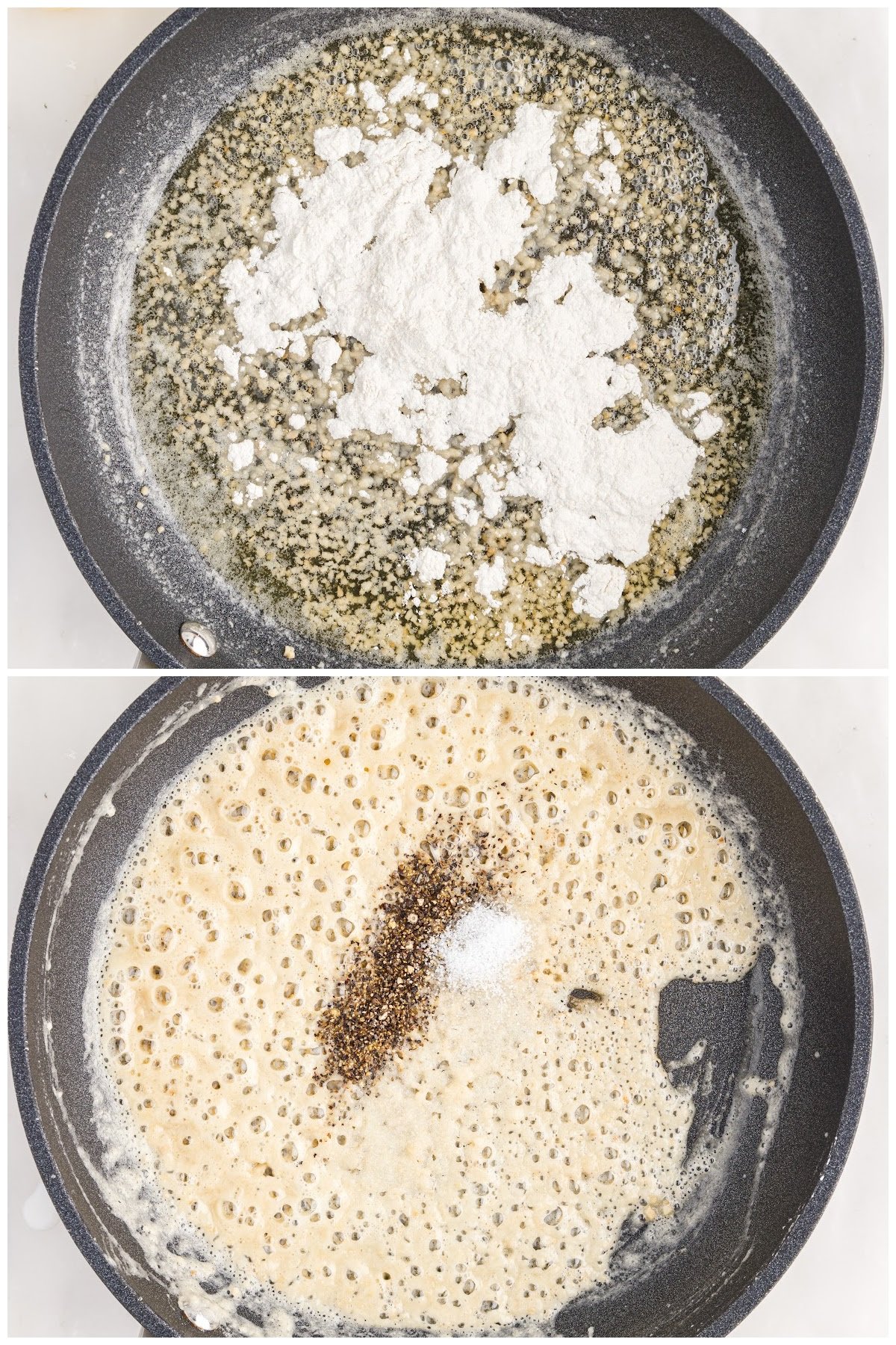 Two images of flour added to pan and salt and pepper added to mixture.