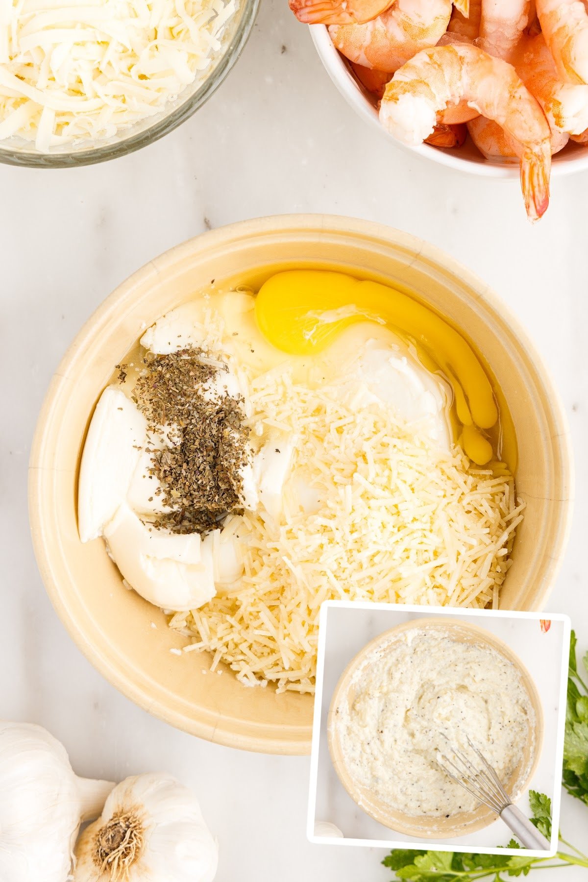 Ricotta cheese, mozzarella cheese, egg, and seasoning in a bowl and an images of it all mixed together.