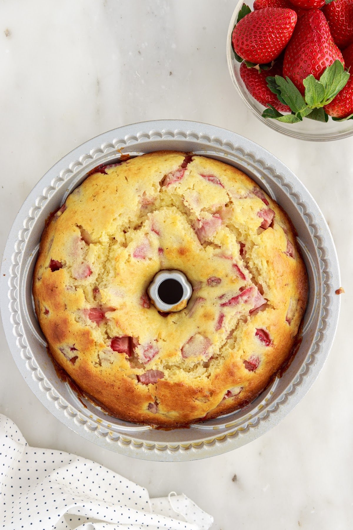 Strawberry Bundt Cake in a bundt pan.