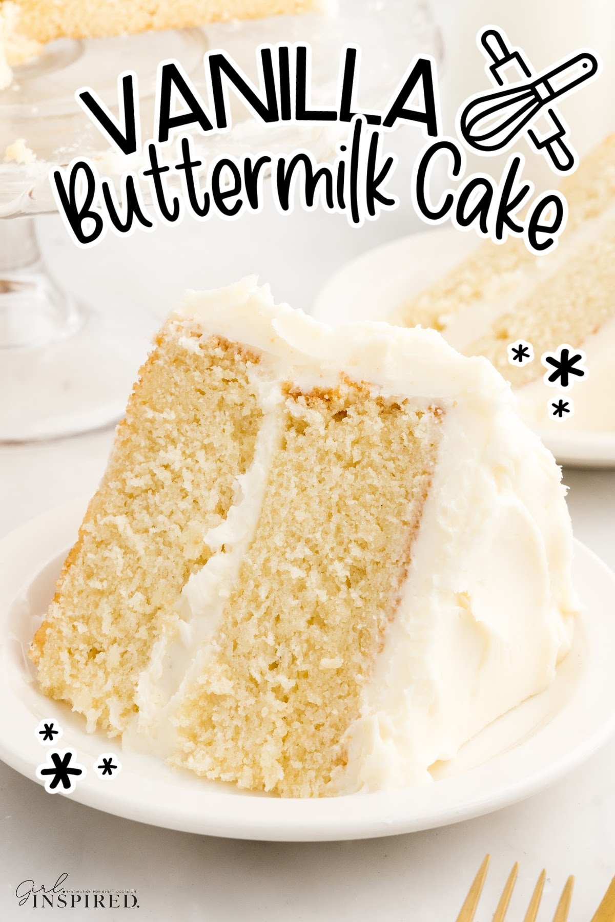 A slice of Vanilla Buttermilk Cake on a plate with text overlay.