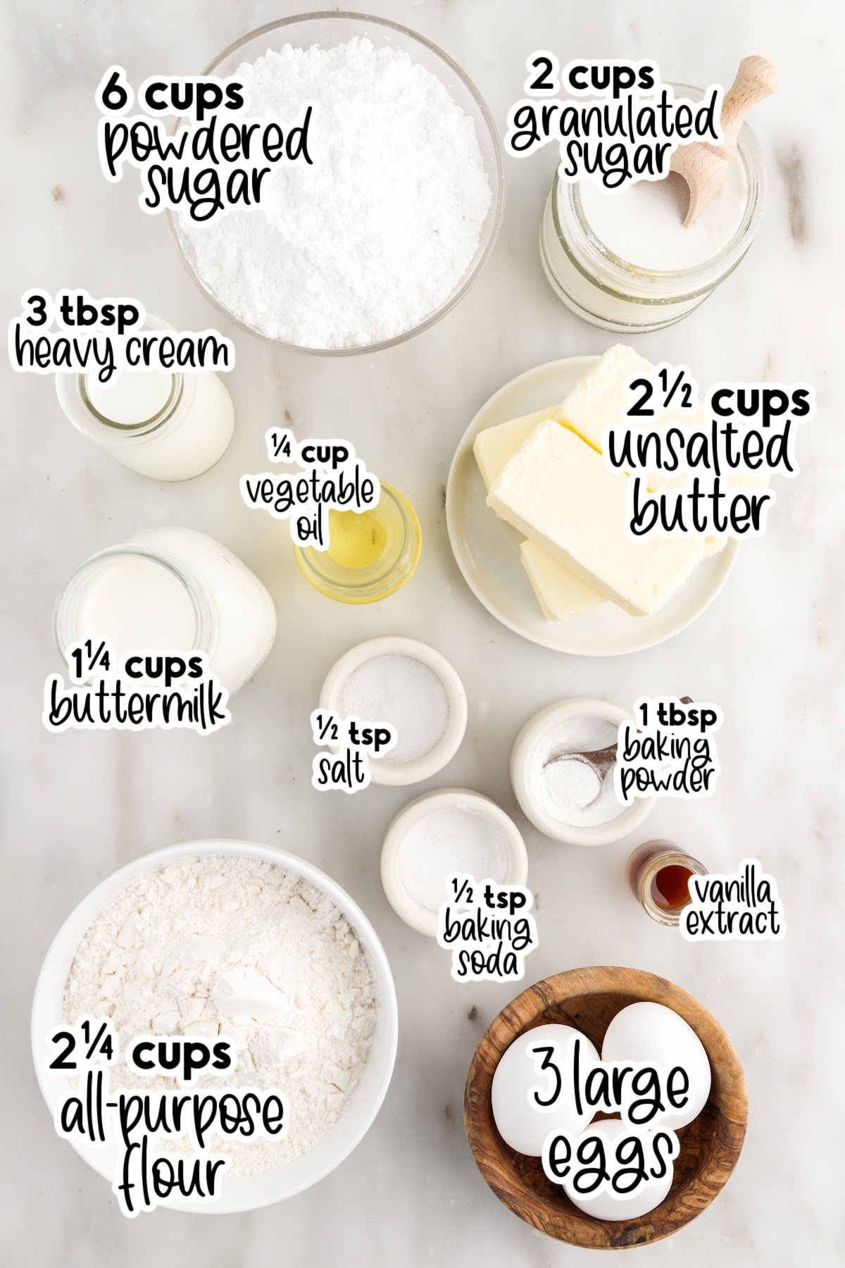 Ingredients needed to make Vanilla Buttermilk Cake with text overlay.