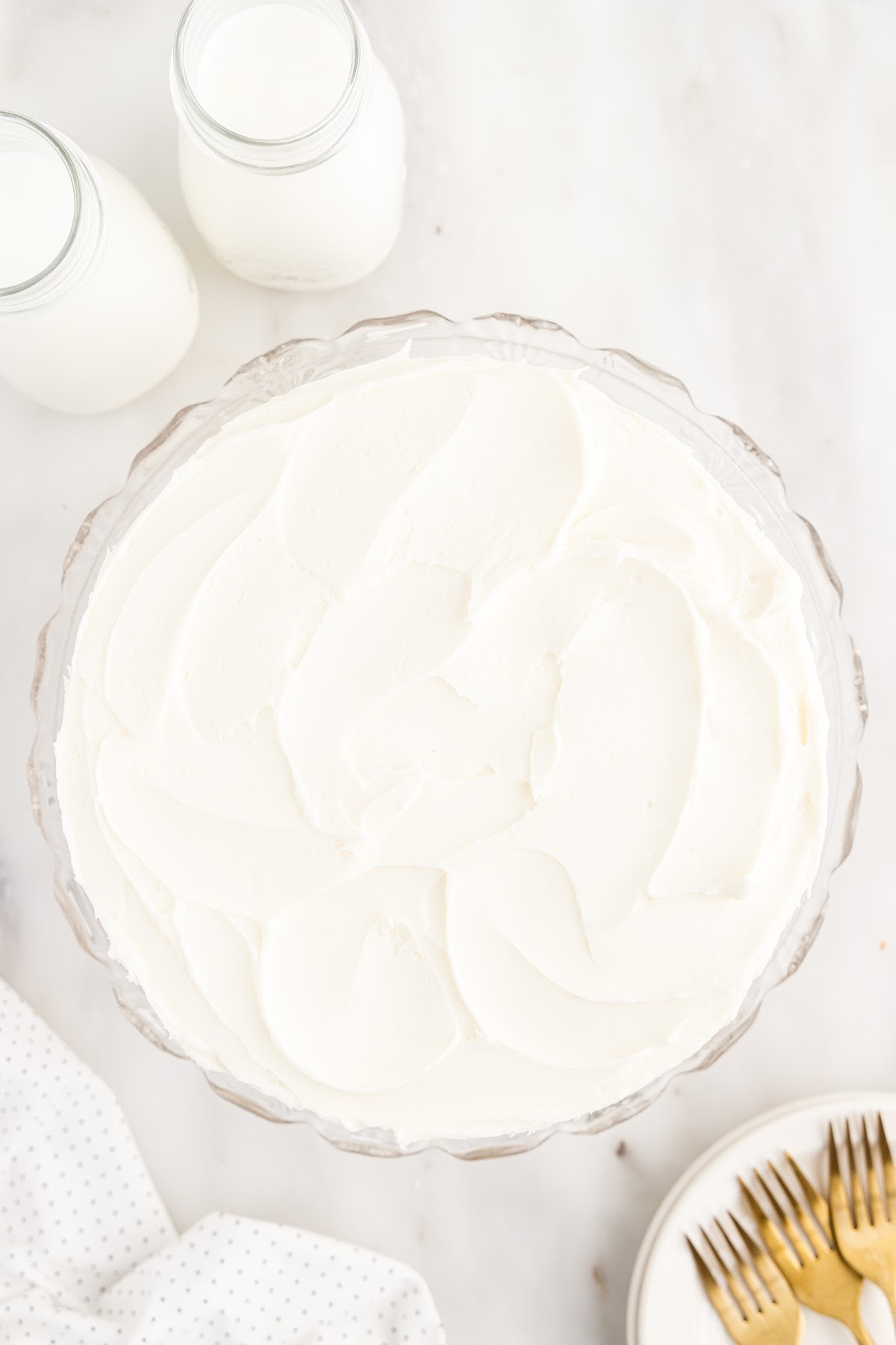 Overhead view of Vanilla Buttermilk Cake iced.