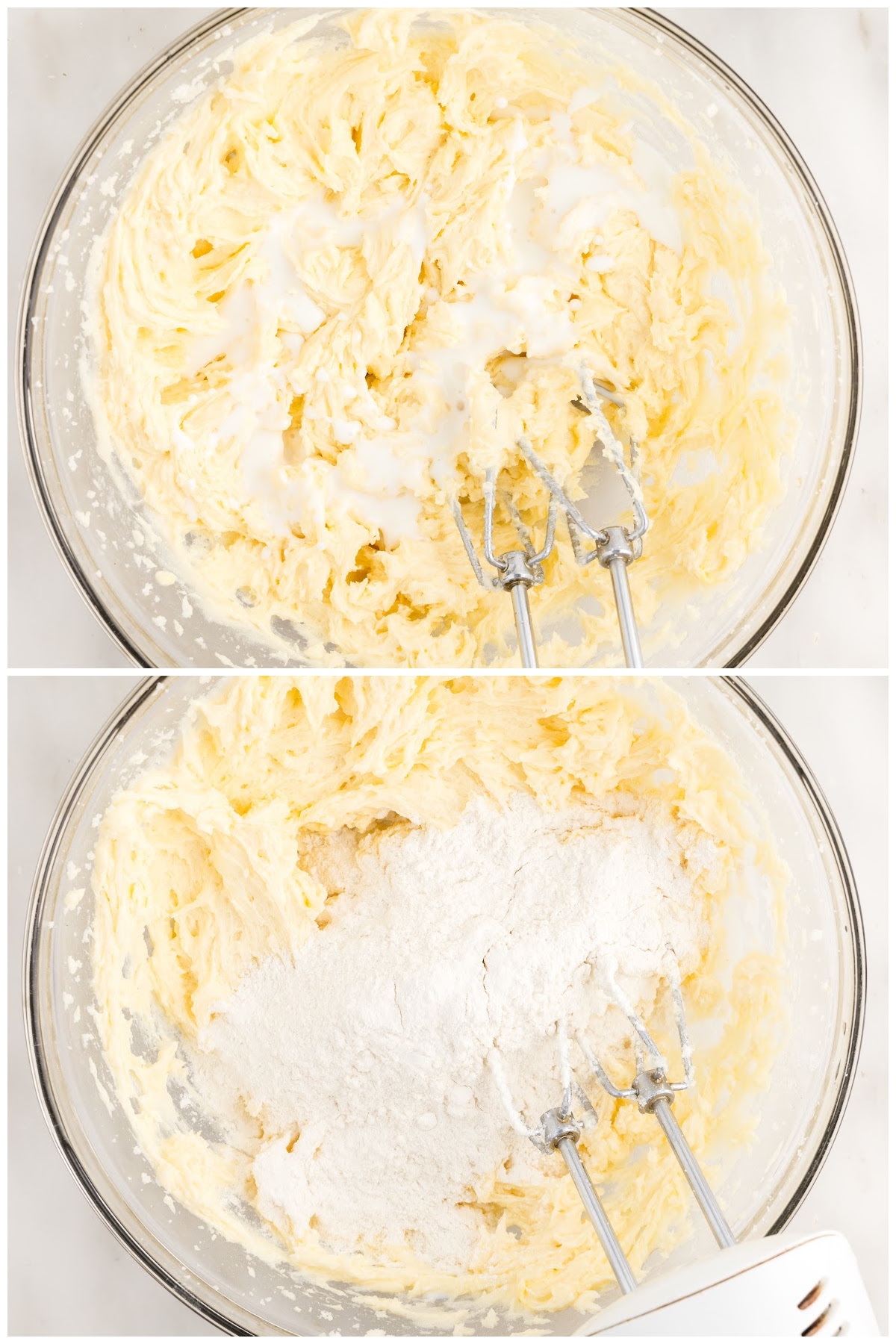 Two images of flour being added to the butter mixture with a hand mixer.