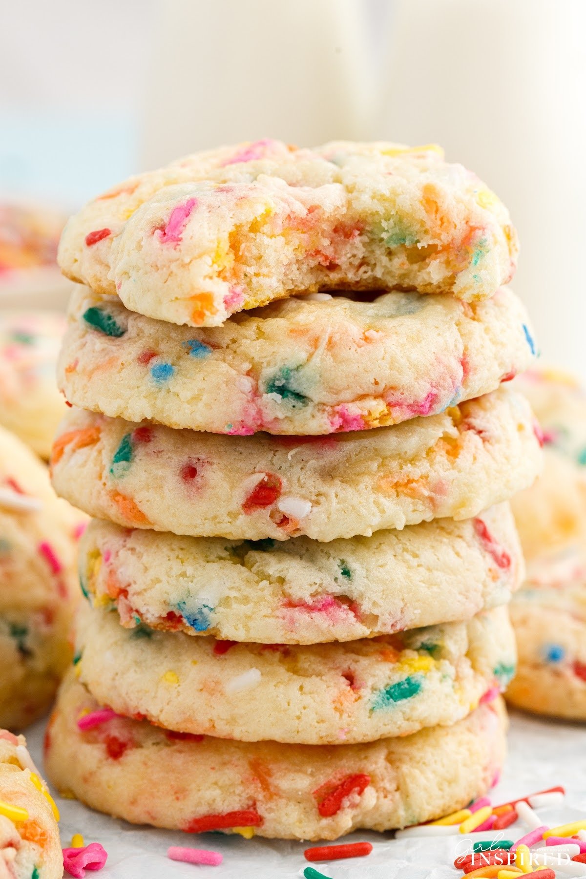 Close up of a stack of Confetti Cake Mix Cookies.
