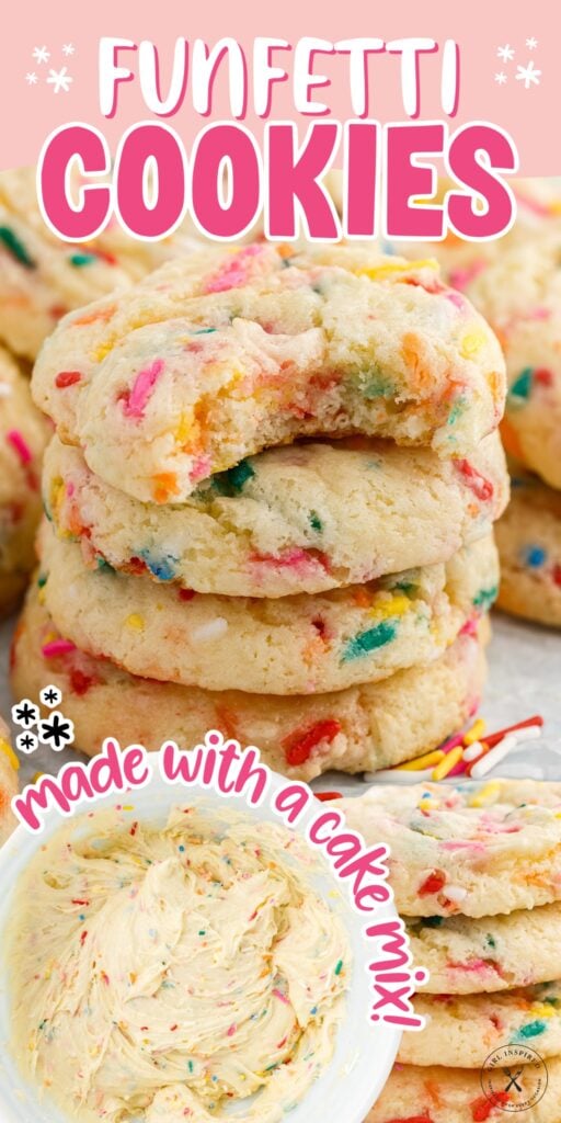 Two images of Confetti Cake Mix Cookies and cookie batter with text overlay.