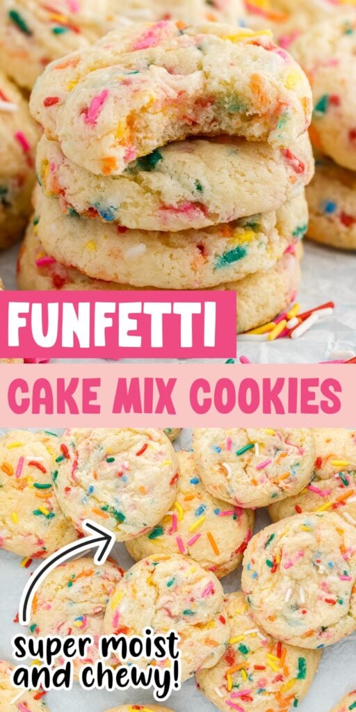Two images of Confetti Cake Mix Cookies stacked with a bite taken from the top one and layed on parchment paper with text overlay.