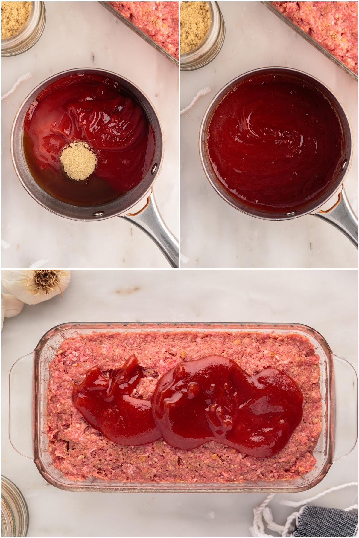 Three images of Lipton Onion Soup Meatloaf sauce being made and poured on top of loaf.